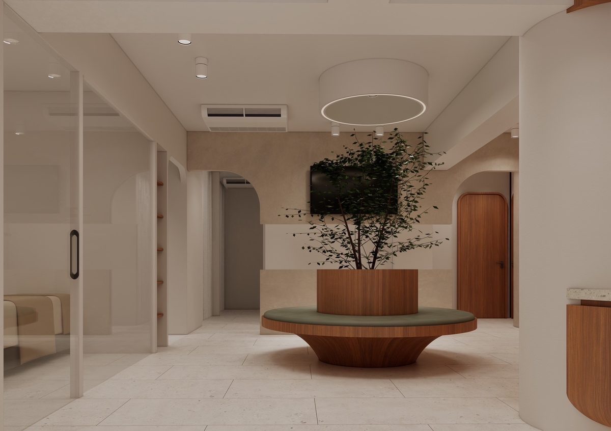 森美中醫診所接待前台—木紋弧形吧台與掛牆診所名稱字樣